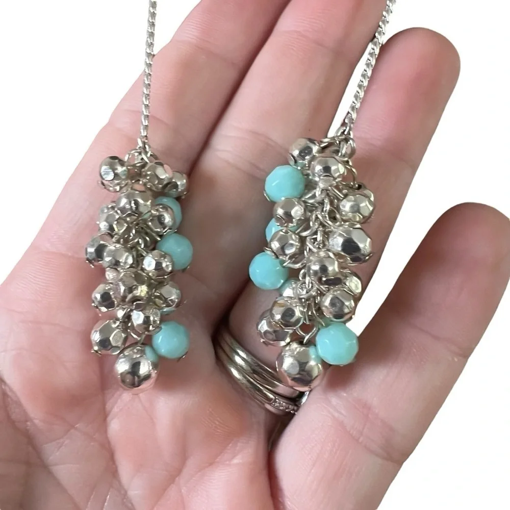 Silver Tone Layered Chain Necklace Long Turquoise Boho Elegant Dressy Draped 20s